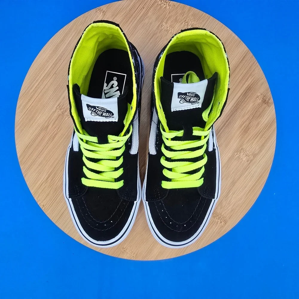 Vans SK8-Hi Black Star Print High Top Neon‎ Green Lace Sneaker Shoes 6.5 Women
